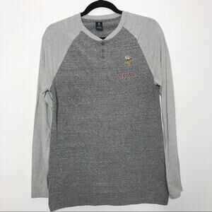NFL Minnesota Mens Small S Vikings Long Sleeve Henley Tee Heather Grey Raglan